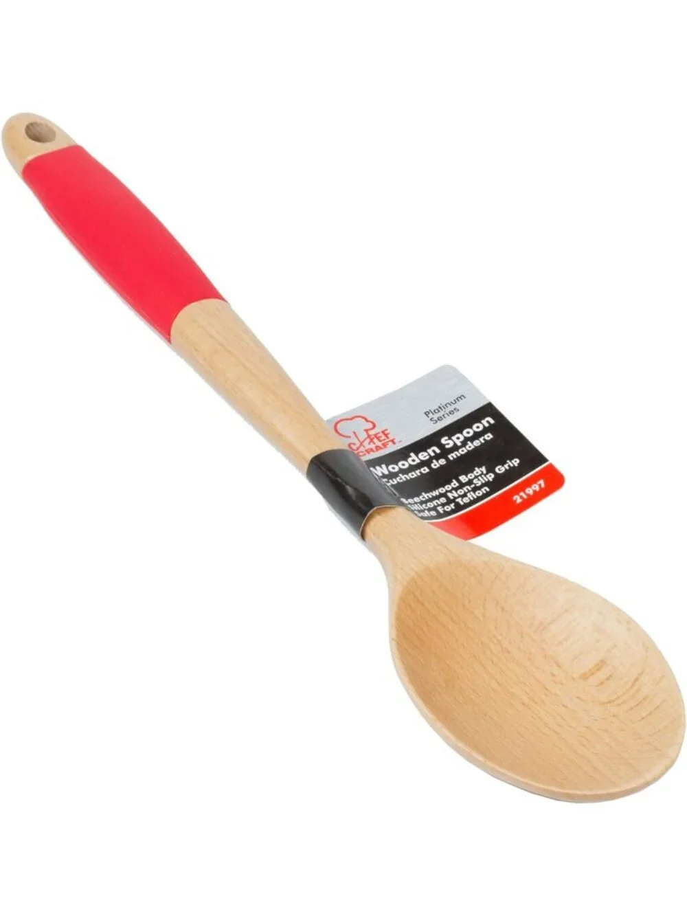 Premium Silicone Handle Wooden Spoon Set - 14 Inch Kitchen Utensils, Red